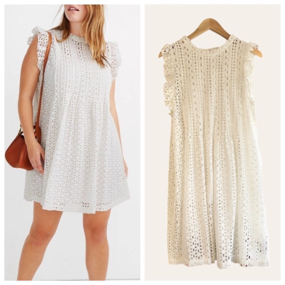 Madewell eyelet ruffle sleeve pintuck mini dress
